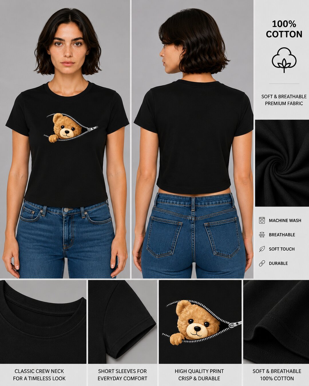 Teddy Printed Round Neck Crop Pre-customized Tshirt for Women