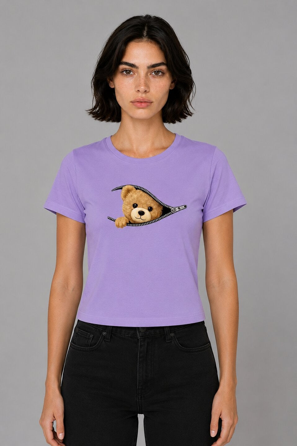 Teddy Printed Round Neck Crop Pre-customized Tshirt for Women