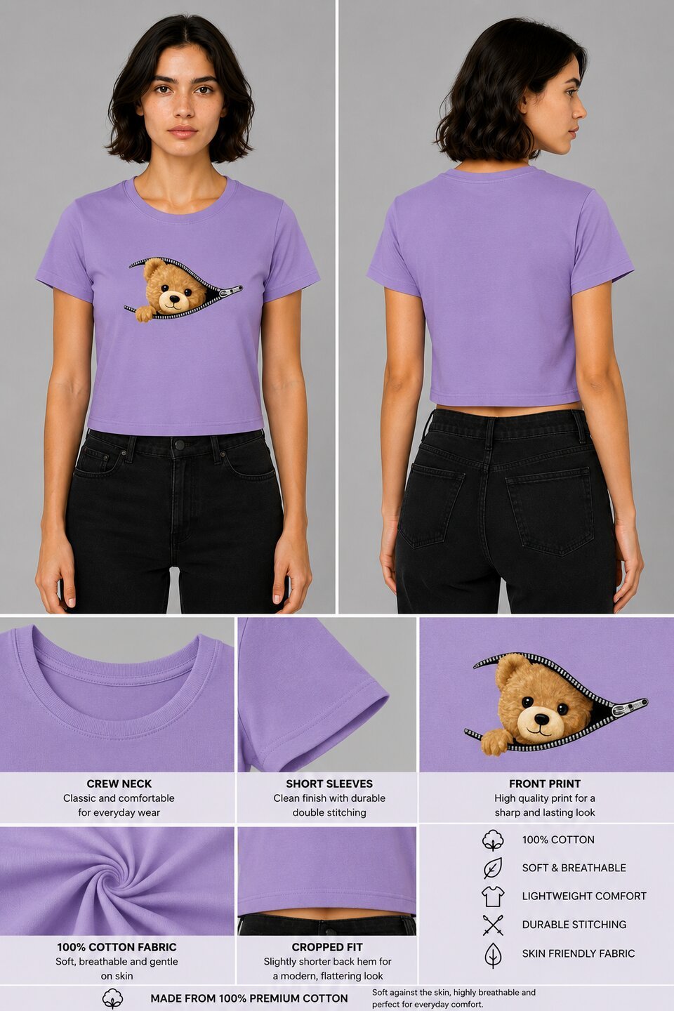 Teddy Printed Round Neck Crop Pre-customized Tshirt for Women