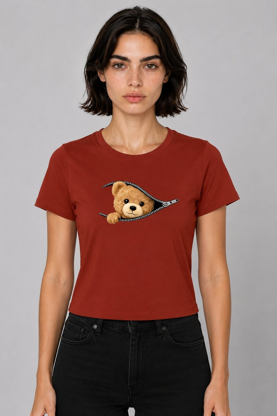 Teddy Printed Round Neck Crop Pre-customized Tshirt for Women