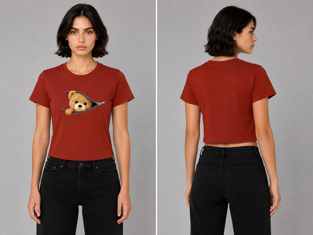 Teddy Printed Round Neck Crop Pre-customized Tshirt for Women