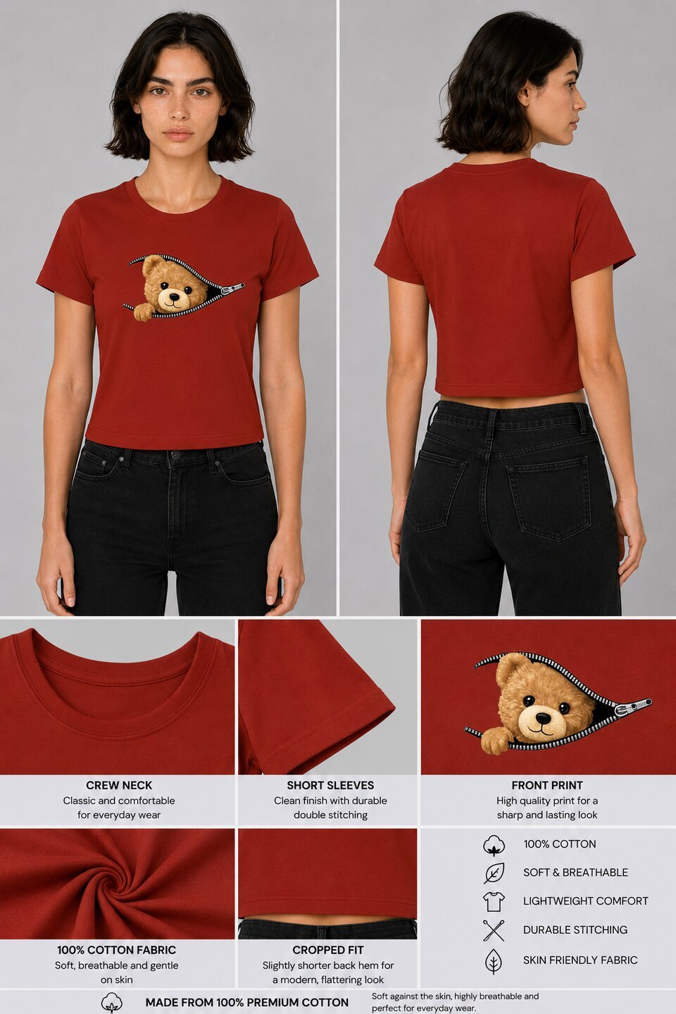Teddy Printed Round Neck Crop Pre-customized Tshirt for Women