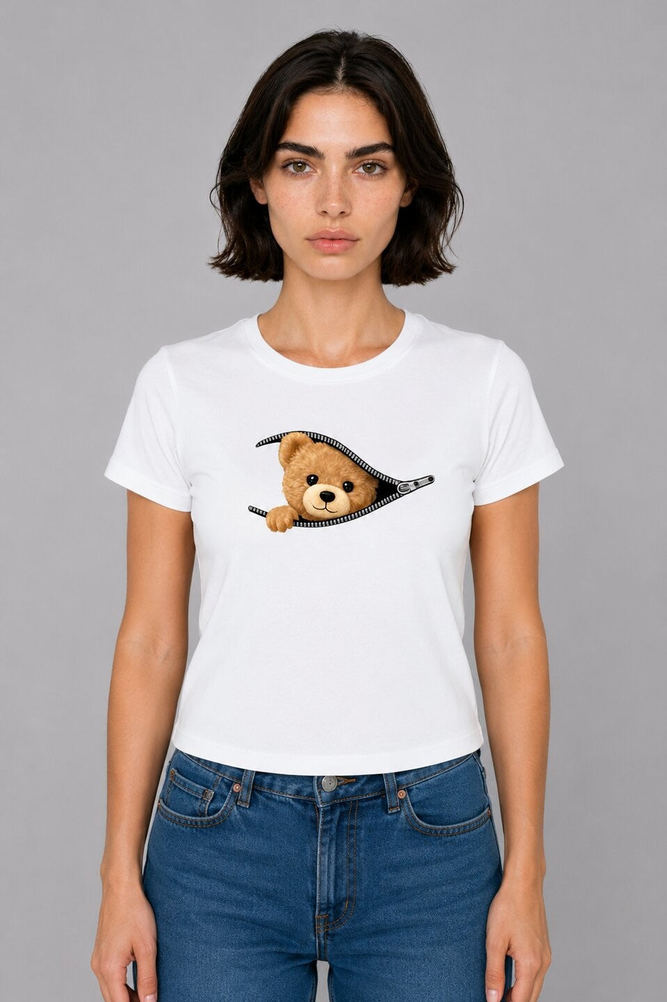Teddy Printed Round Neck Crop Pre-customized Tshirt for Women