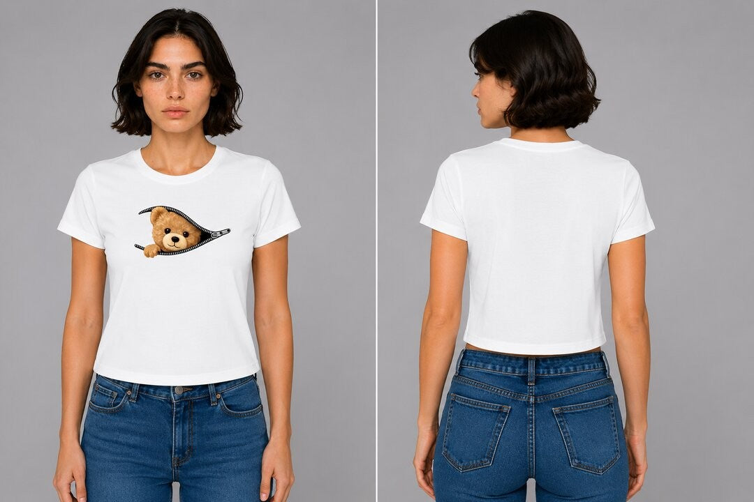 Teddy Printed Round Neck Crop Pre-customized Tshirt for Women
