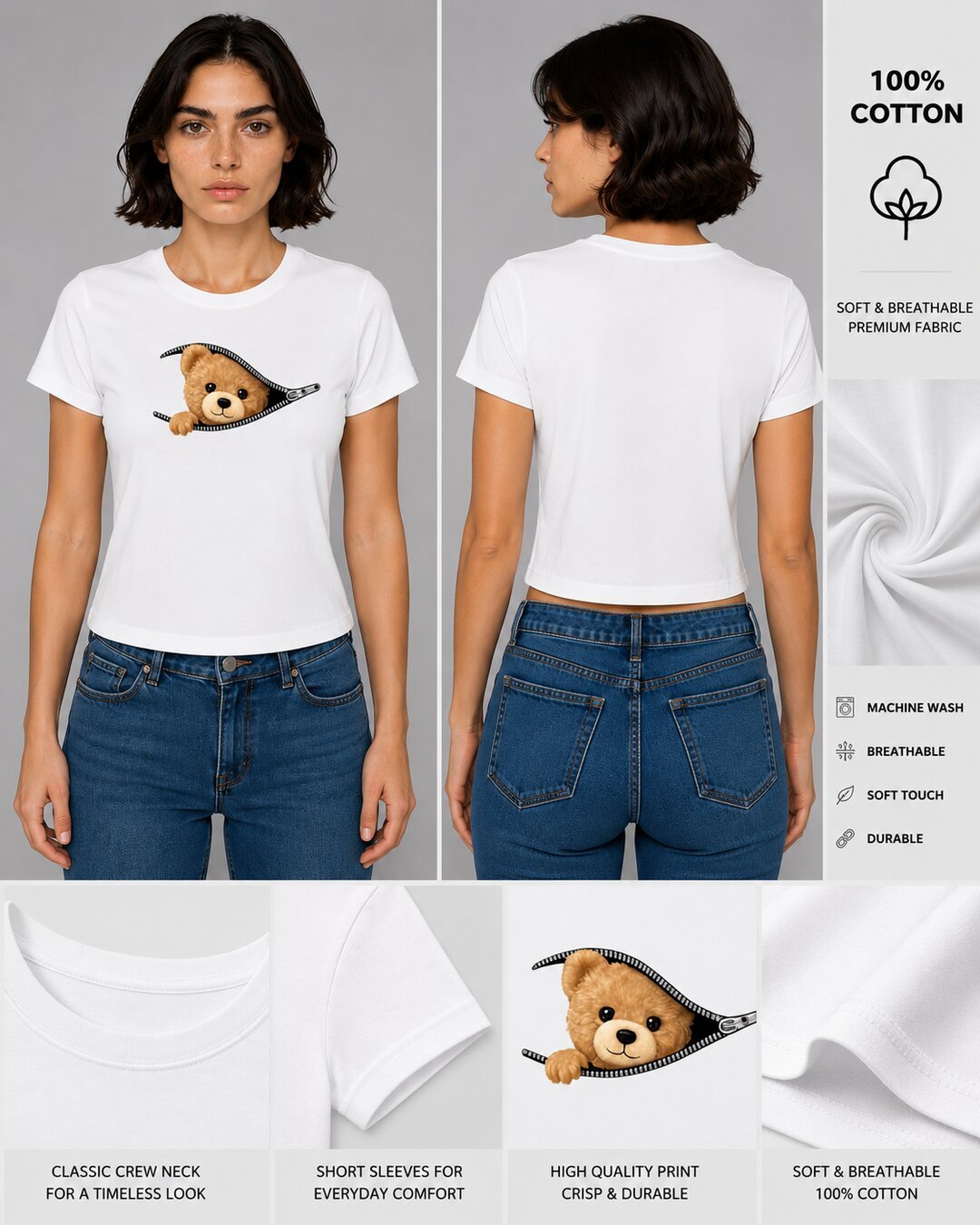 Teddy Printed Round Neck Crop Pre-customized Tshirt for Women