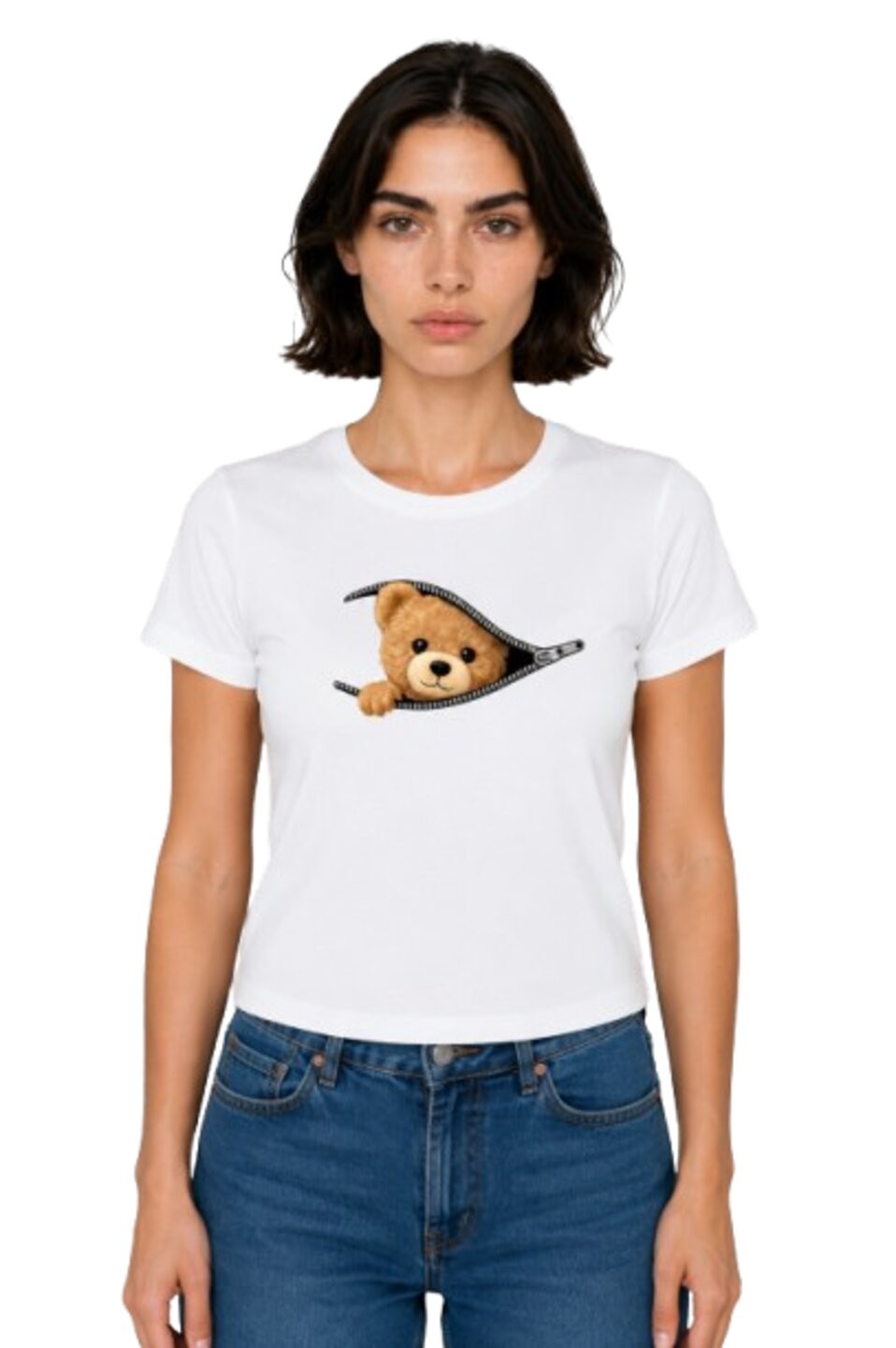 Teddy Printed Round Neck Crop Pre-customized Tshirt for Women