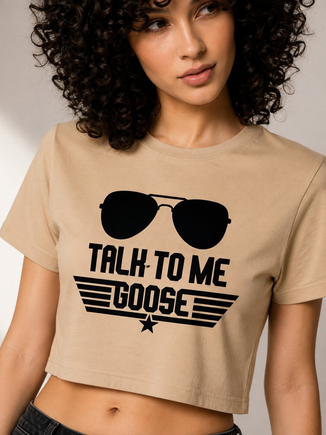 Talk to Me Goose Printed Round Neck Crop Pre-customized Tshirt for Women