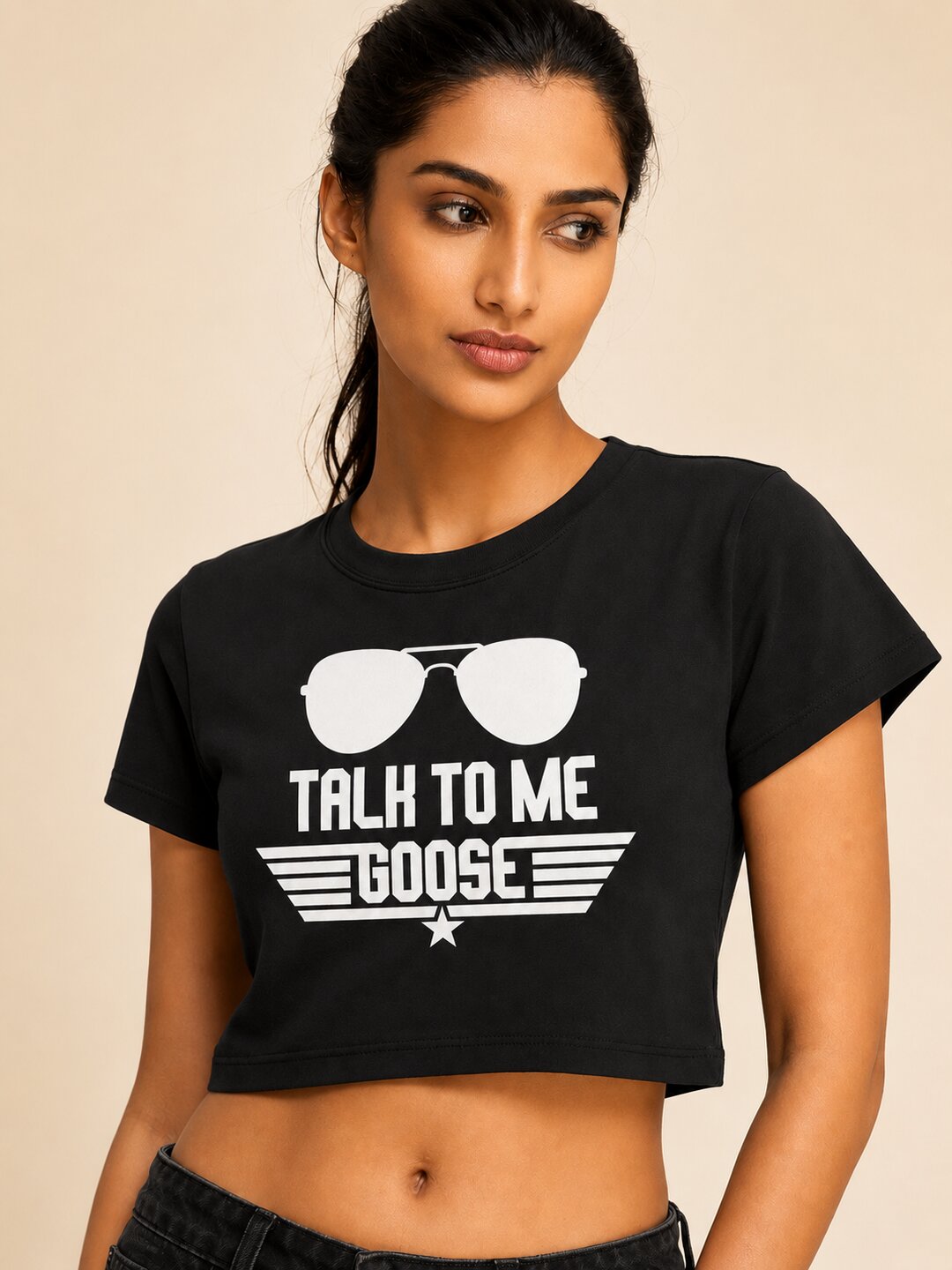 Talk to Me Goose Printed Round Neck Crop Pre-customized Tshirt for Women