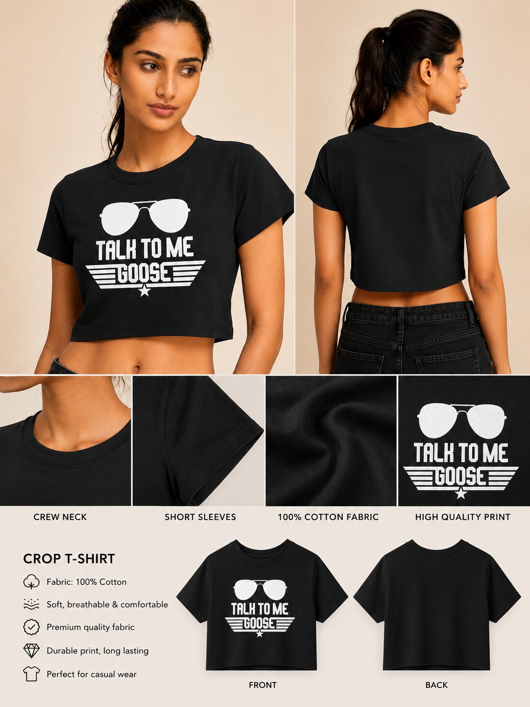 Talk to Me Goose Printed Round Neck Crop Pre-customized Tshirt for Women