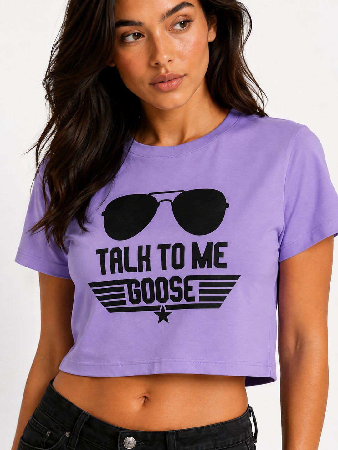Talk to Me Goose Printed Round Neck Crop Pre-customized Tshirt for Women