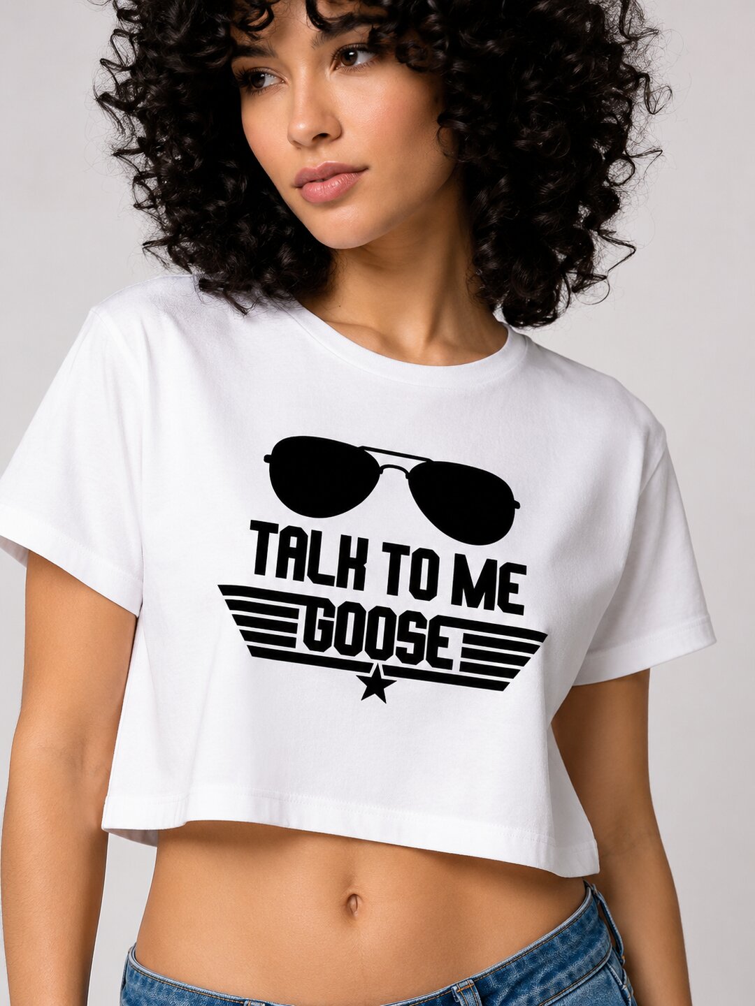 Talk to Me Goose Printed Round Neck Crop Pre-customized Tshirt for Women