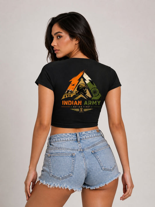 Indian Army – Nation First Printed Round Neck Crop Pre-customized Tshirt for Women