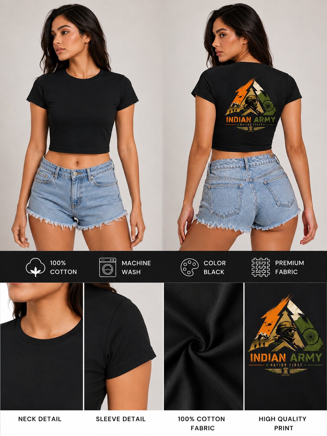Indian Army – Nation First Printed Round Neck Crop Pre-customized Tshirt for Women