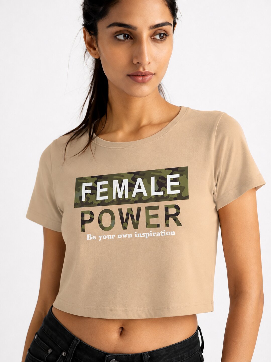 Female Power Printed Round Neck Crop Pre-customized Tshirt for Women