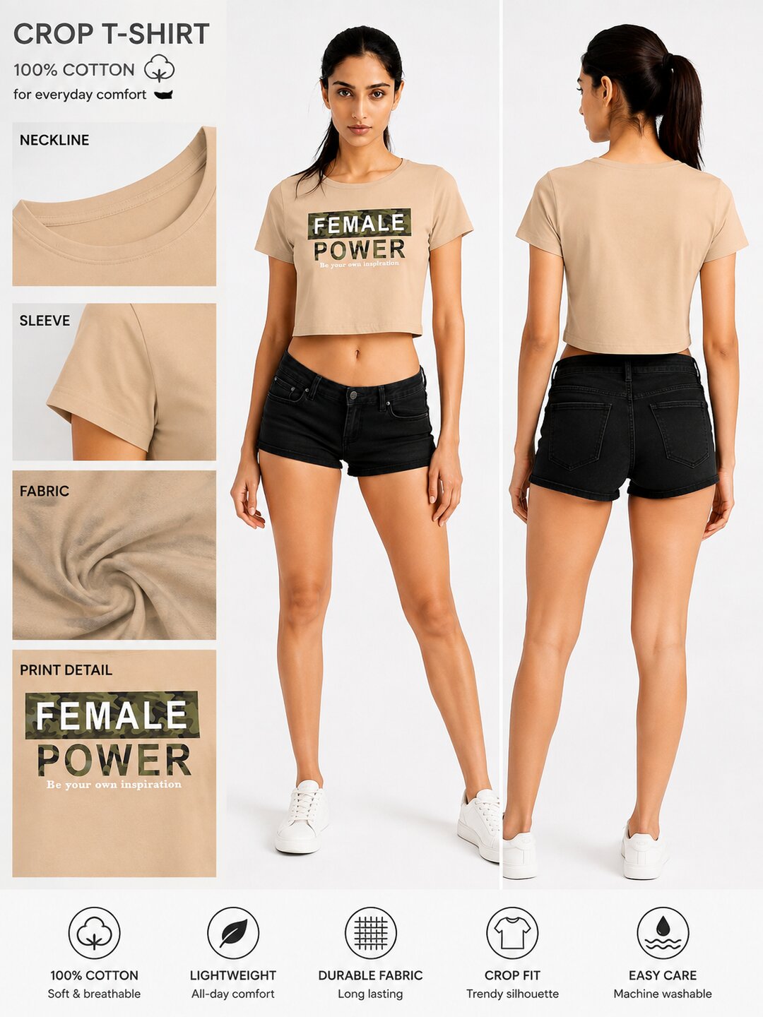 Female Power Printed Round Neck Crop Pre-customized Tshirt for Women