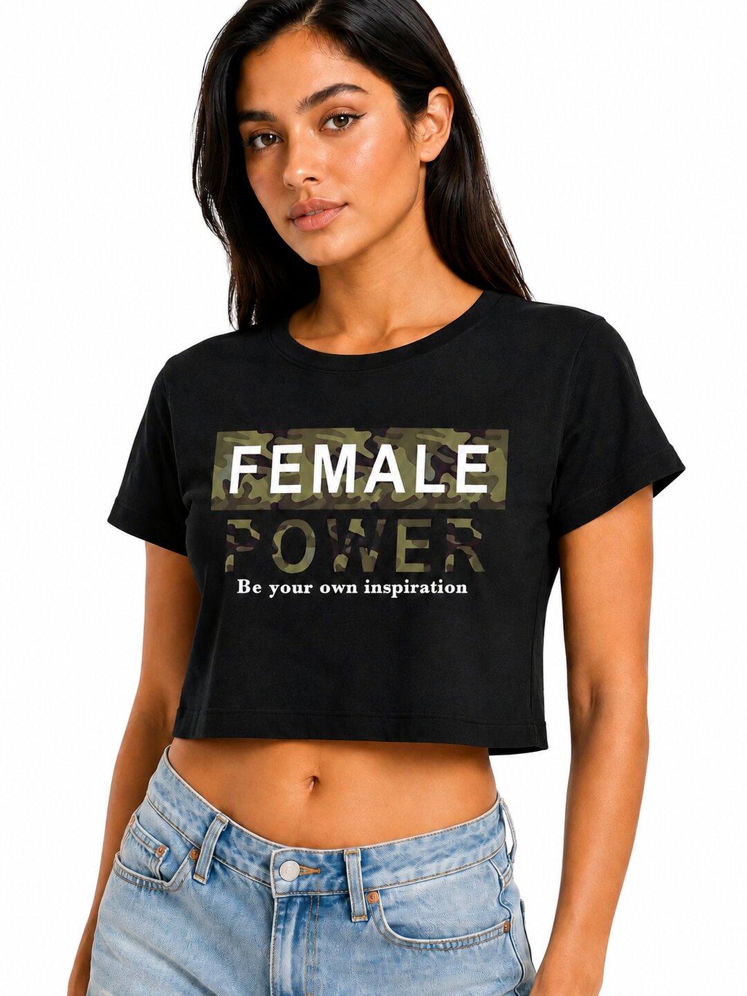 Female Power Printed Round Neck Crop Pre-customized Tshirt for Women
