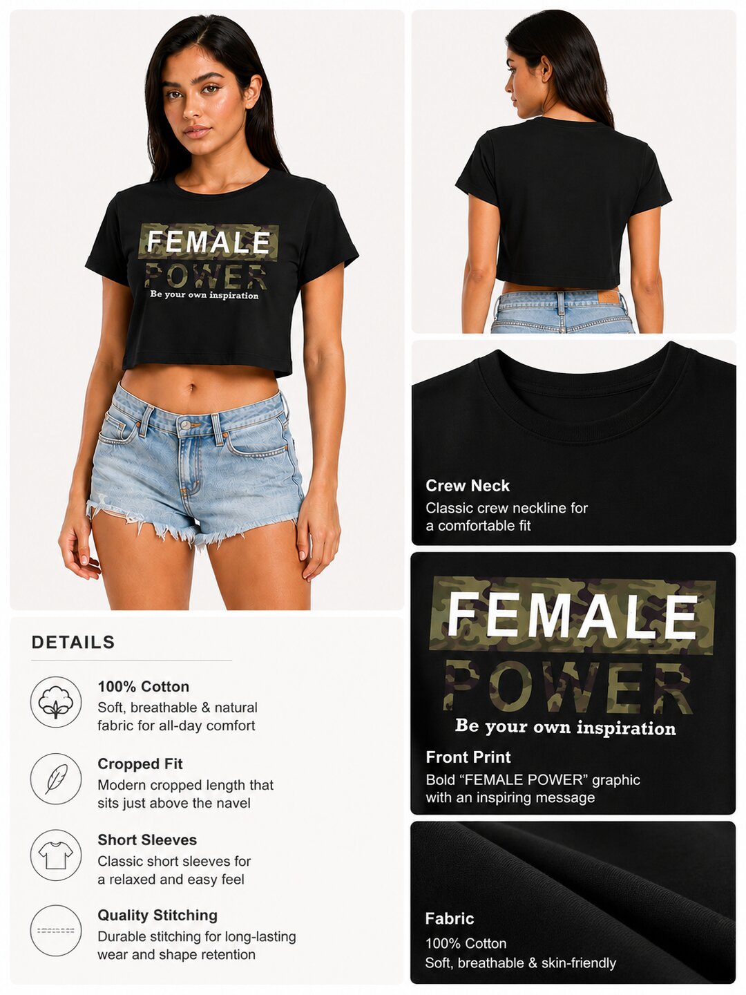 Female Power Printed Round Neck Crop Pre-customized Tshirt for Women