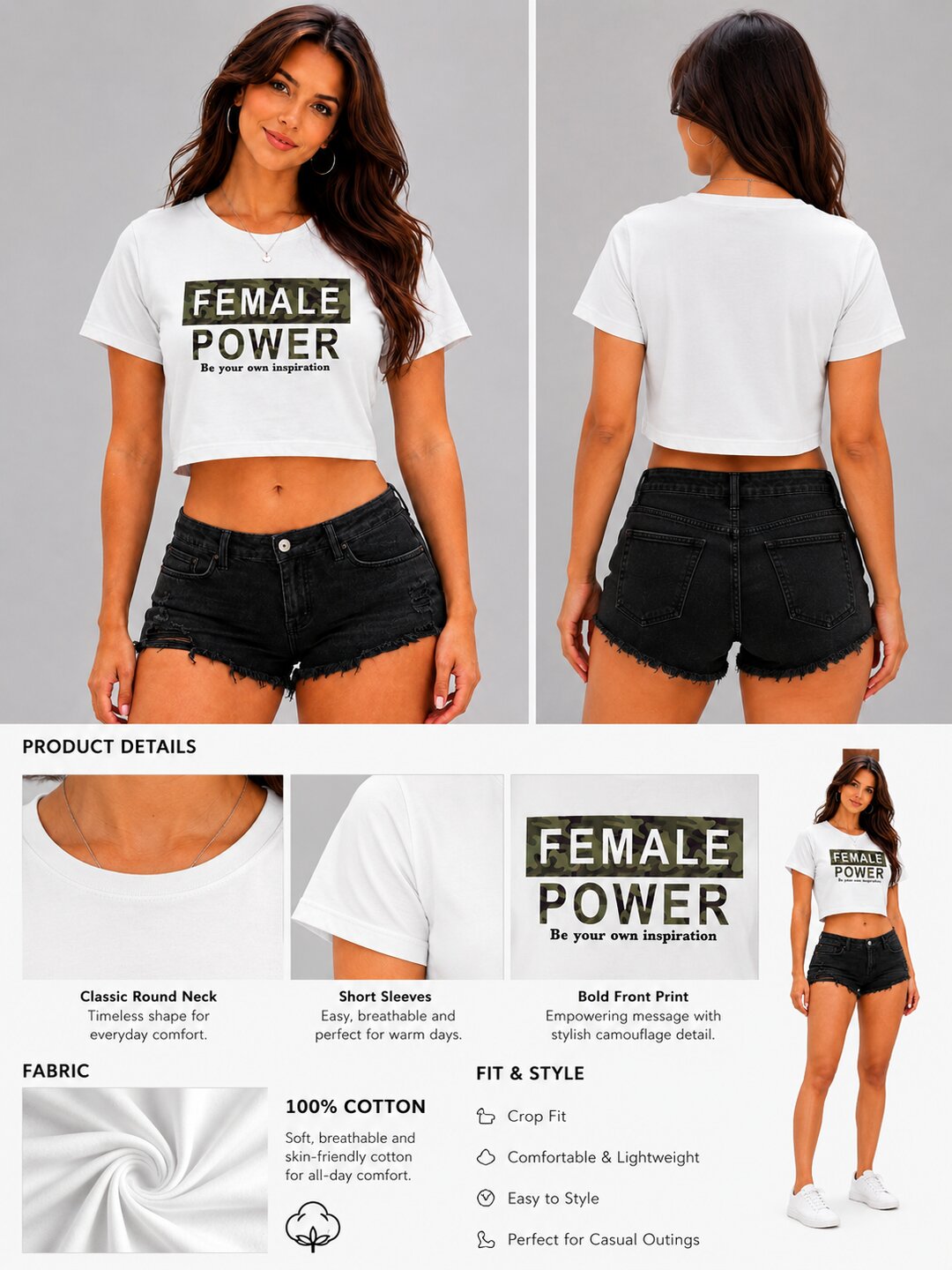 Female Power Printed Round Neck Crop Pre-customized Tshirt for Women