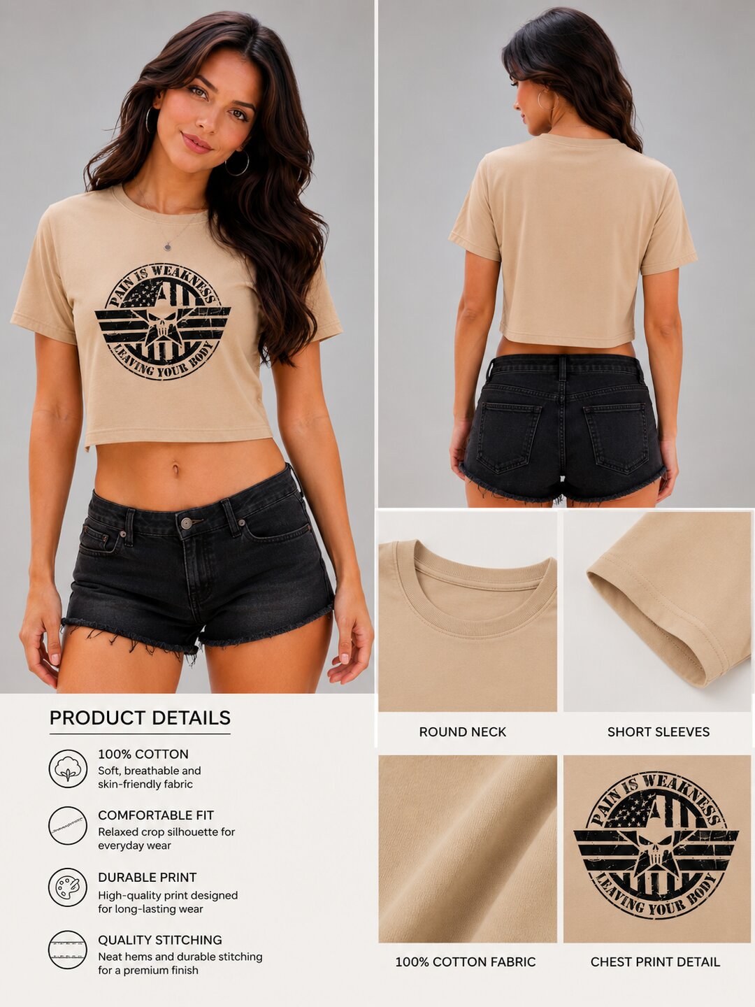 Pain is Weakness Printed Round Neck Crop Pre-customized Tshirt for Women