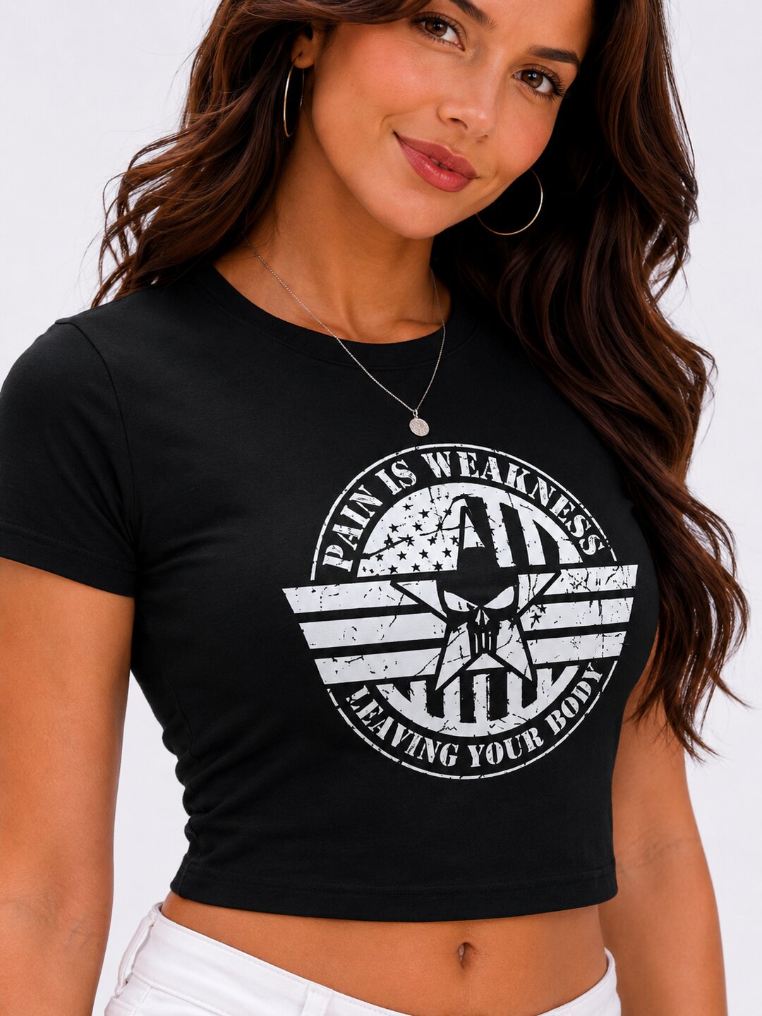 Pain is Weakness Printed Round Neck Crop Pre-customized Tshirt for Women