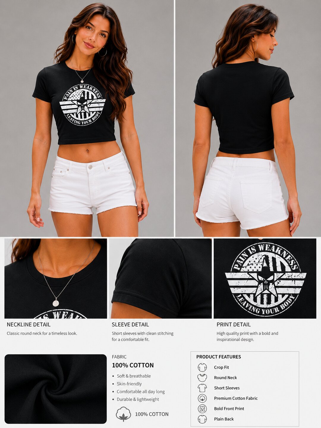 Pain is Weakness Printed Round Neck Crop Pre-customized Tshirt for Women