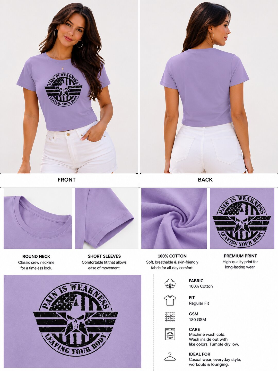 Pain is Weakness Printed Round Neck Crop Pre-customized Tshirt for Women