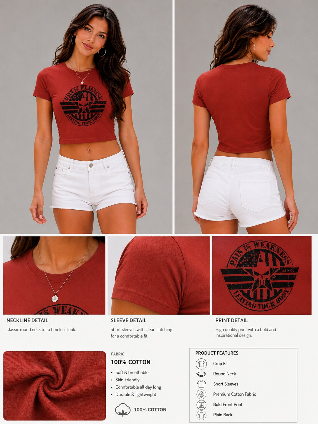 Pain is Weakness Printed Round Neck Crop Pre-customized Tshirt for Women