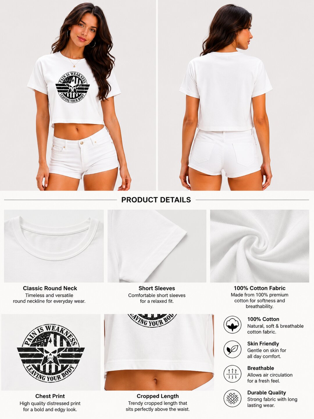 Pain is Weakness Printed Round Neck Crop Pre-customized Tshirt for Women