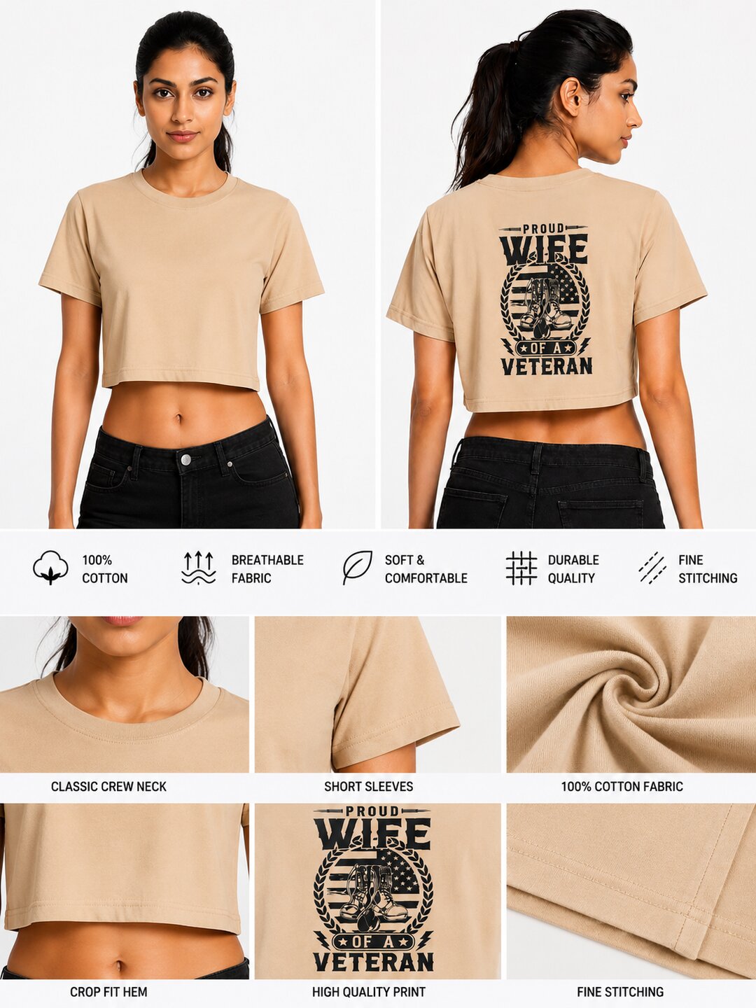 Veterans Wife Printed Round Neck Crop Pre-customized Tshirt for Women