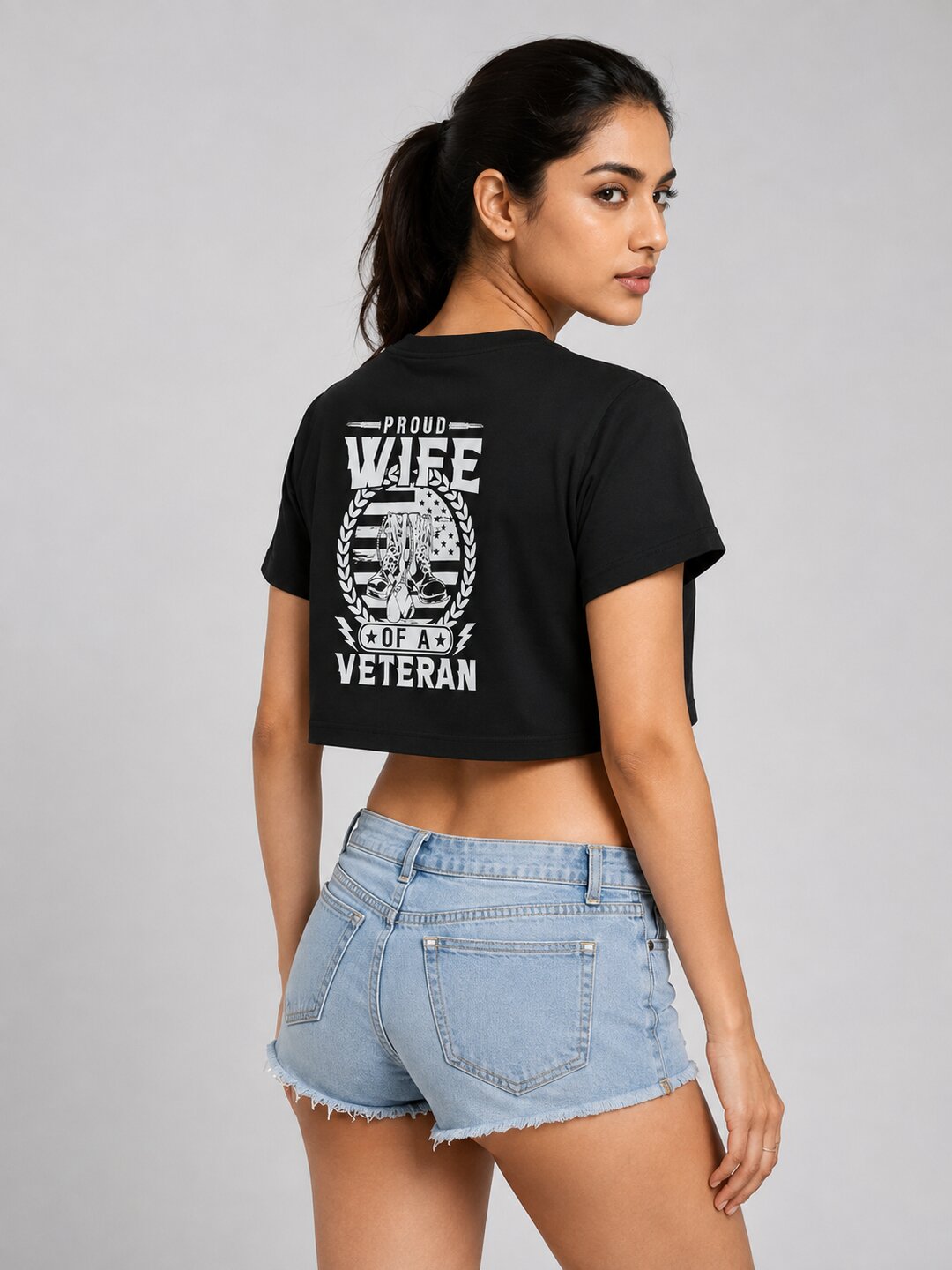 Veterans Wife Printed Round Neck Crop Pre-customized Tshirt for Women