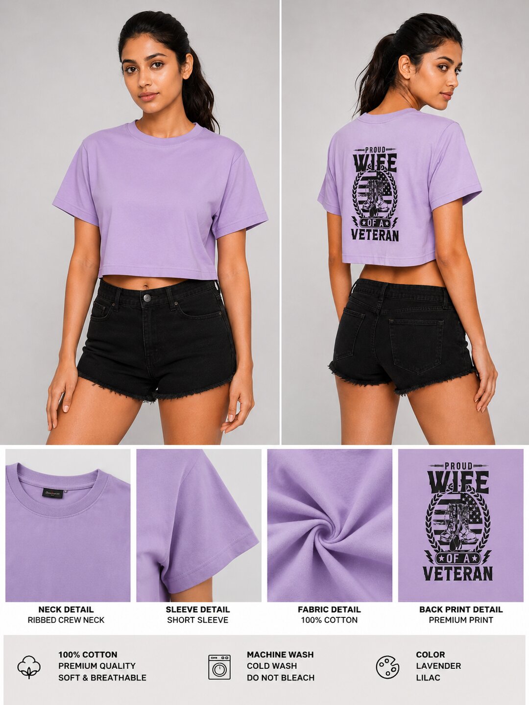Veterans Wife Printed Round Neck Crop Pre-customized Tshirt for Women