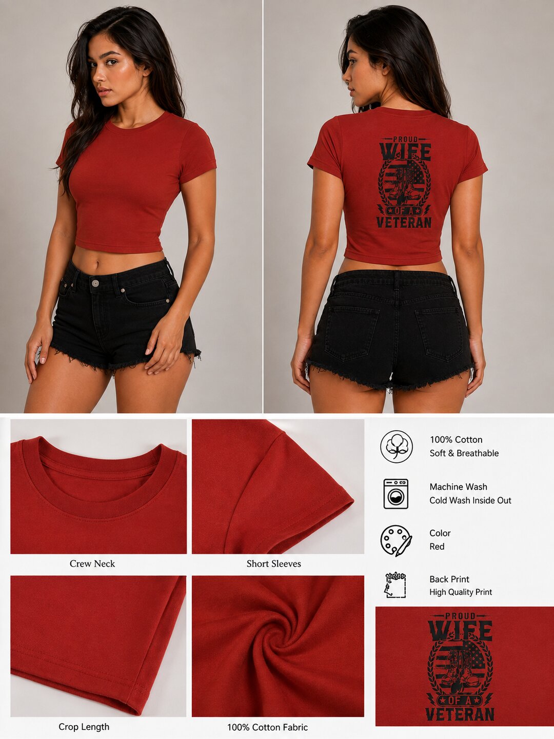 Veterans Wife Printed Round Neck Crop Pre-customized Tshirt for Women