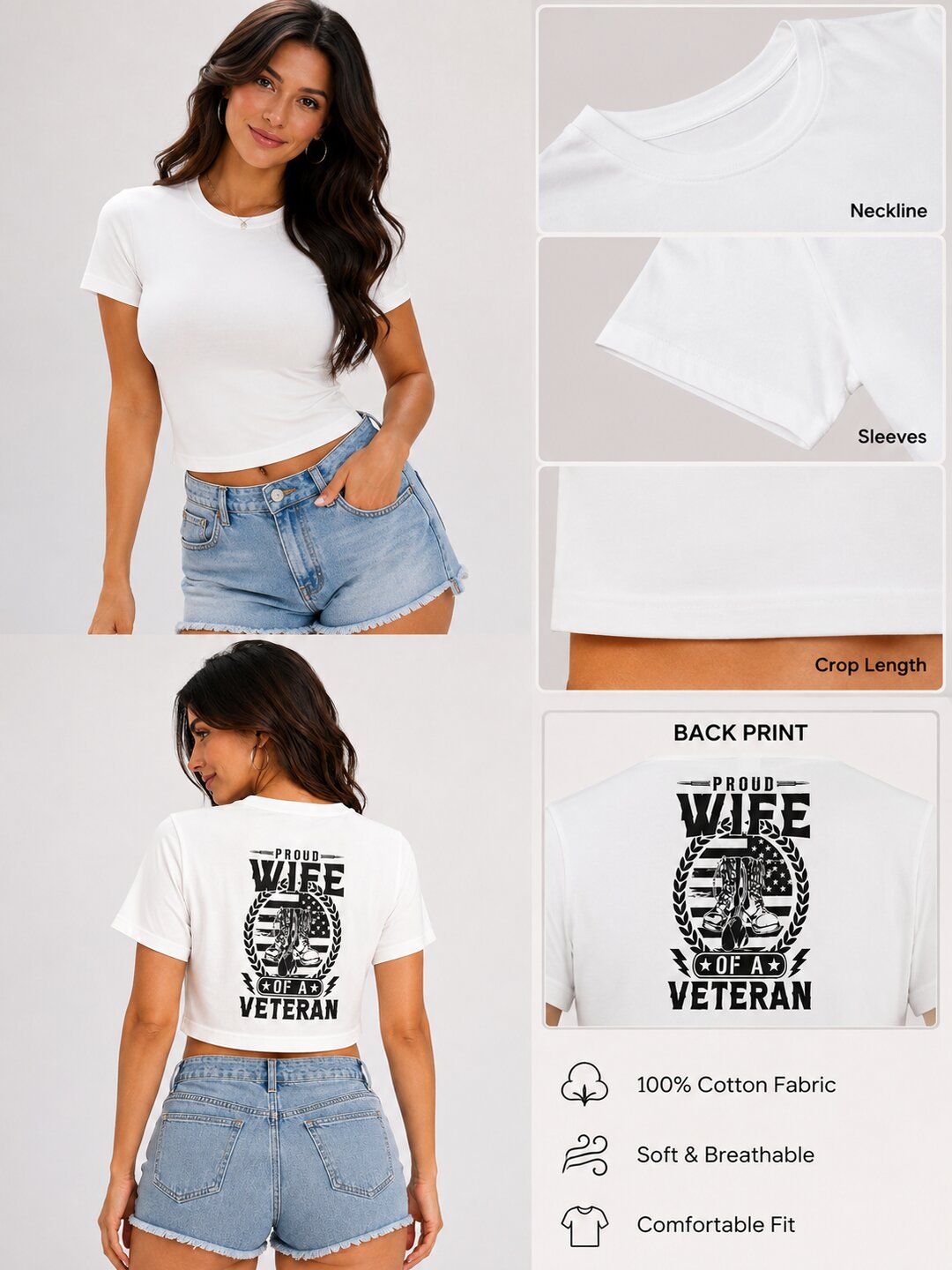 Veterans Wife Printed Round Neck Crop Pre-customized Tshirt for Women