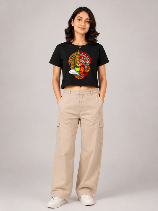 Kadhakali Printed Round Neck Crop Pre-customized Tshirt for Women