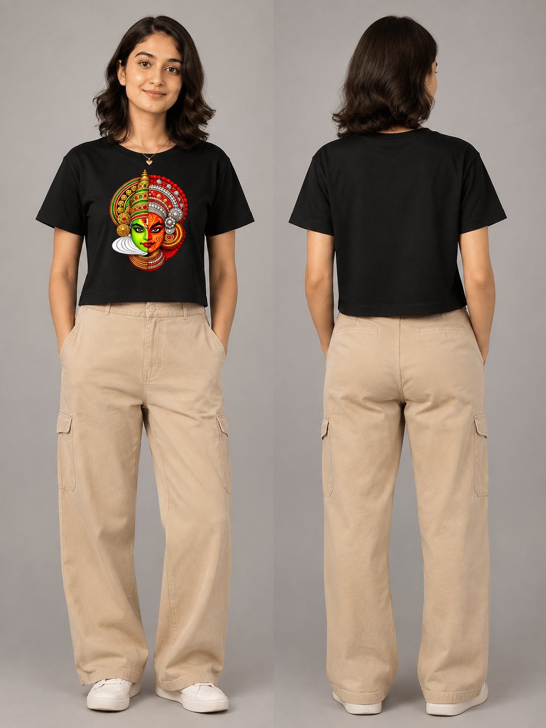 Kadhakali Printed Round Neck Crop Pre-customized Tshirt for Women