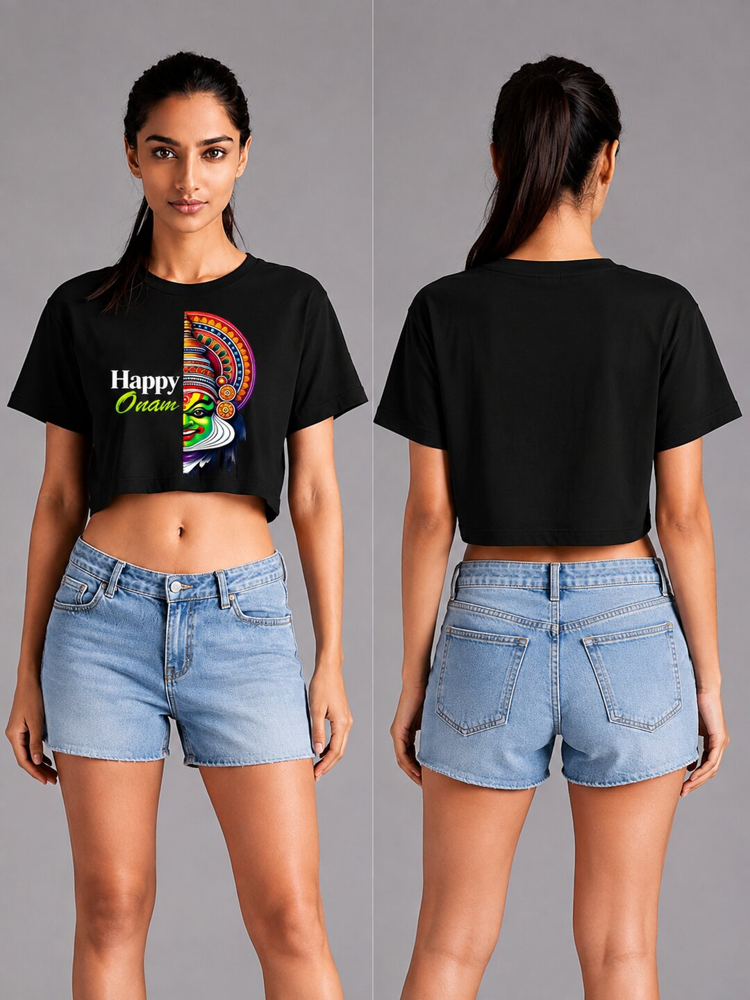 OnamKadhakali Printed Round Neck Crop Pre-customized Tshirt for Women