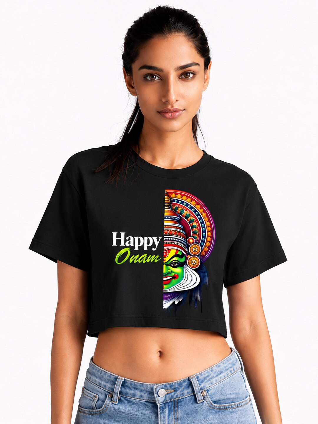 OnamKadhakali Printed Round Neck Crop Pre-customized Tshirt for Women