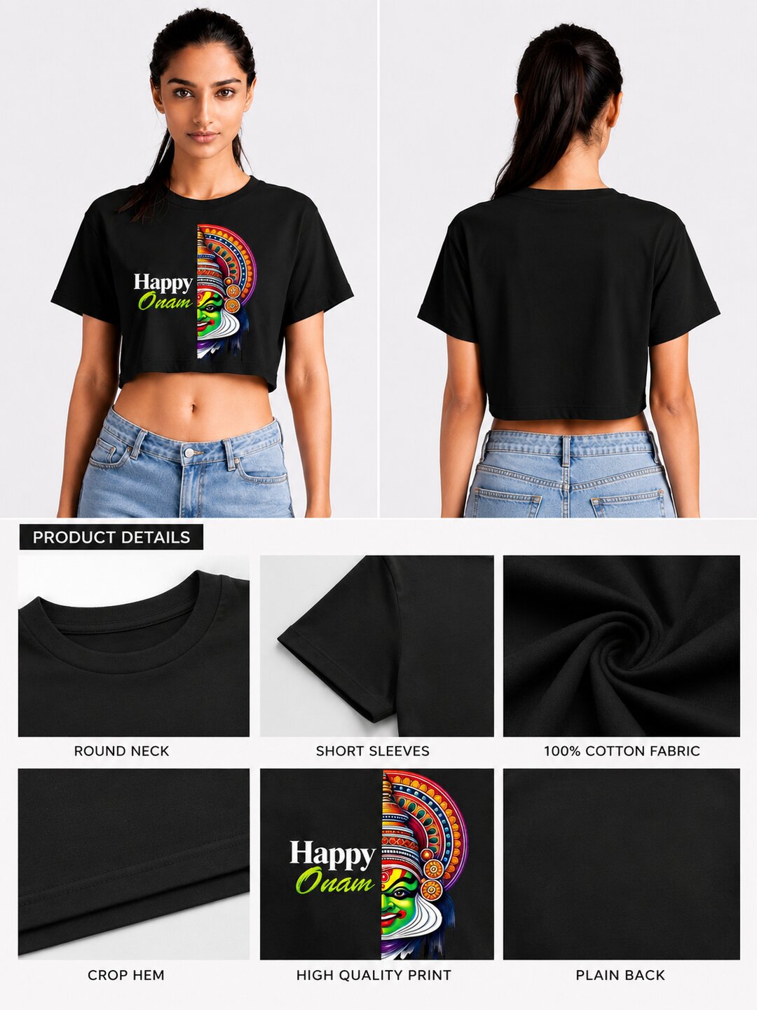 OnamKadhakali Printed Round Neck Crop Pre-customized Tshirt for Women