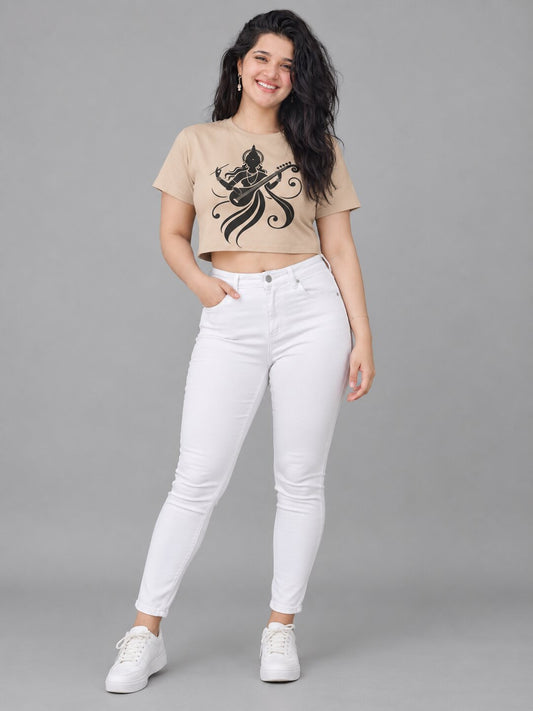 Veena Printed Round Neck Crop Pre-customized Tshirt for Women