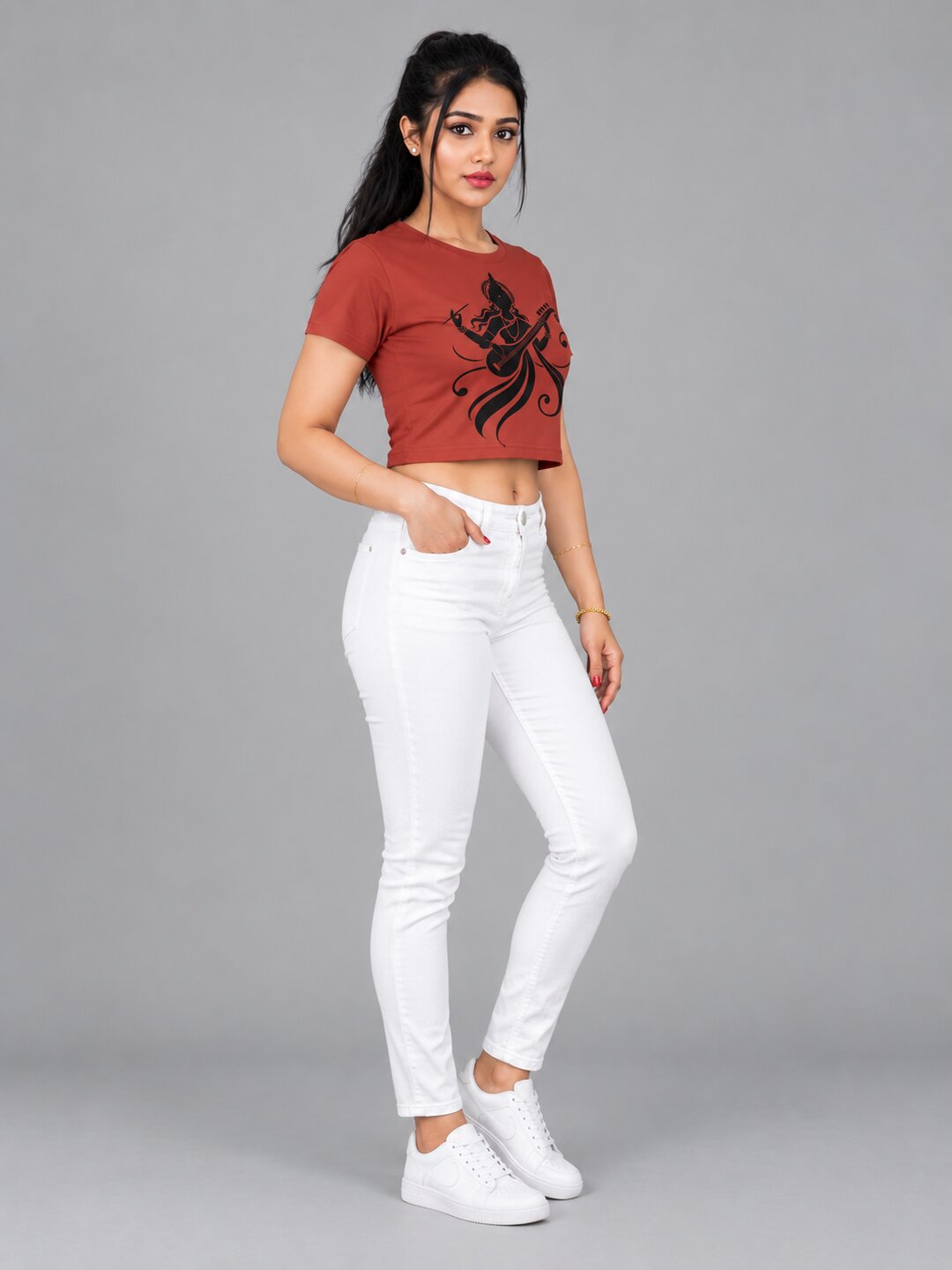 Veena Printed Round Neck Crop Pre-customized Tshirt for Women