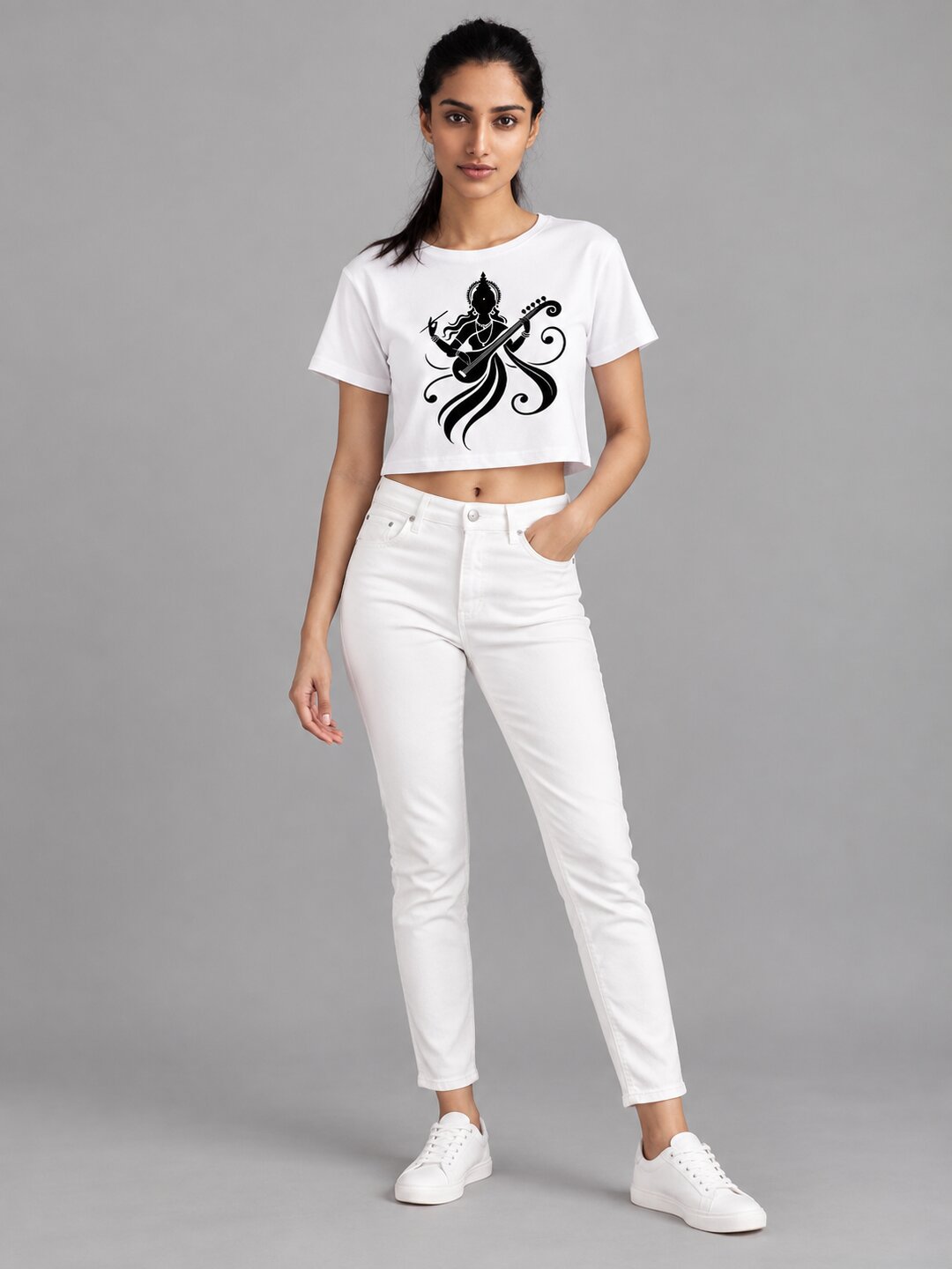 Veena Printed Round Neck Crop Pre-customized Tshirt for Women