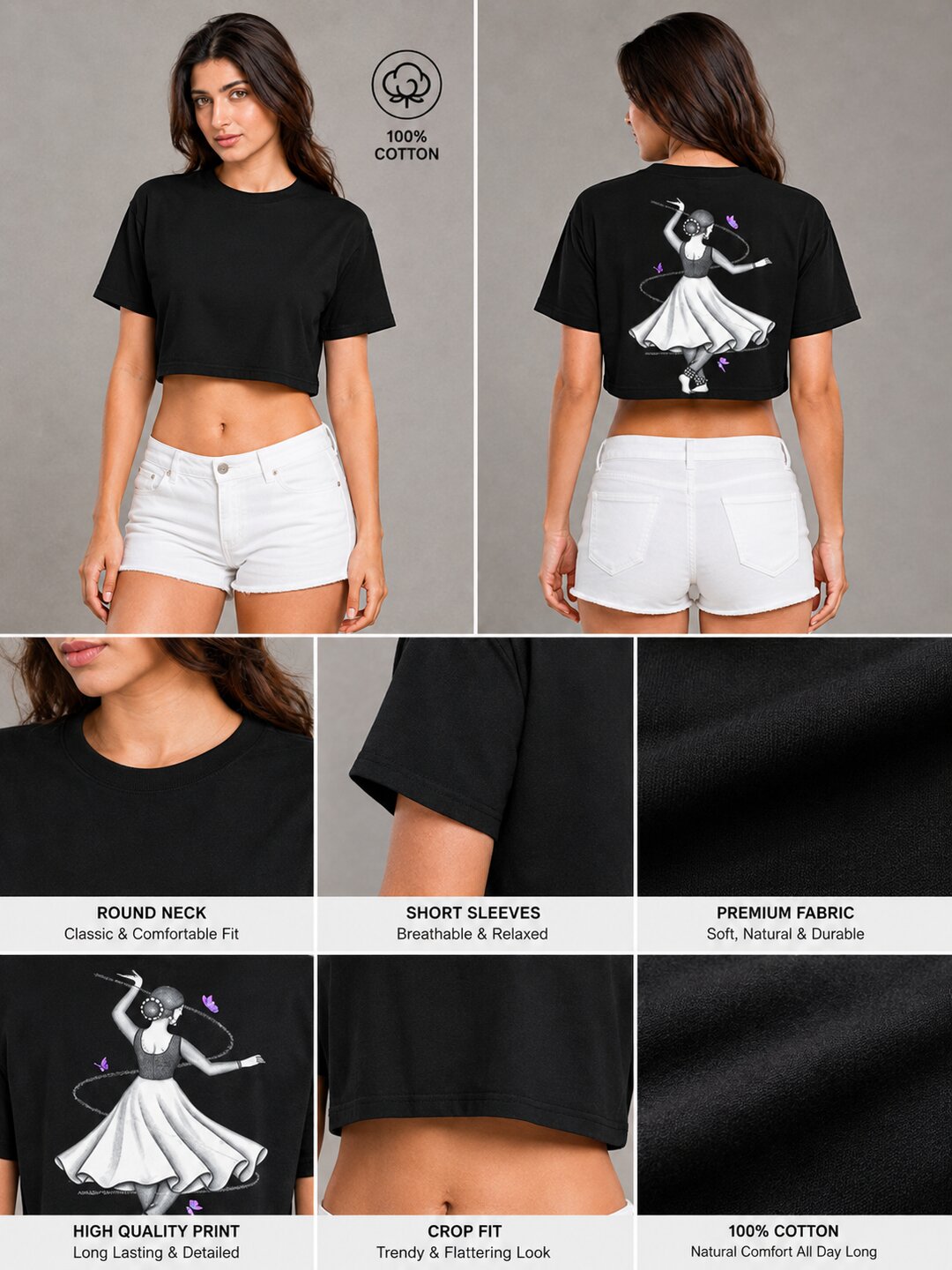 Indian Dancer Printed Round Neck Crop Pre-customized Tshirt for Women