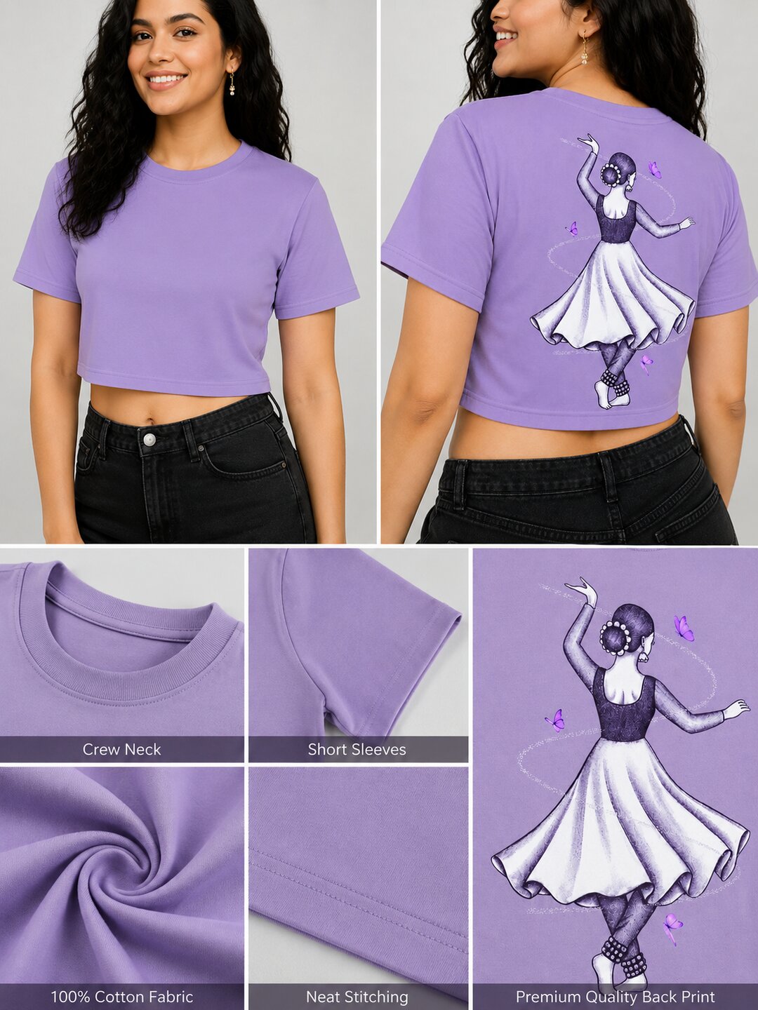 Indian Dancer Printed Round Neck Crop Pre-customized Tshirt for Women