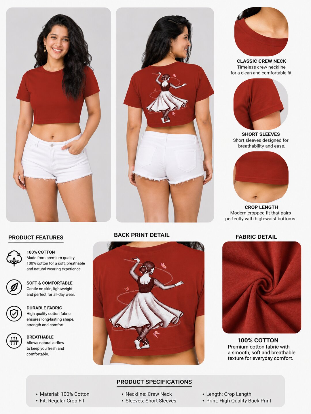 Indian Dancer Printed Round Neck Crop Pre-customized Tshirt for Women