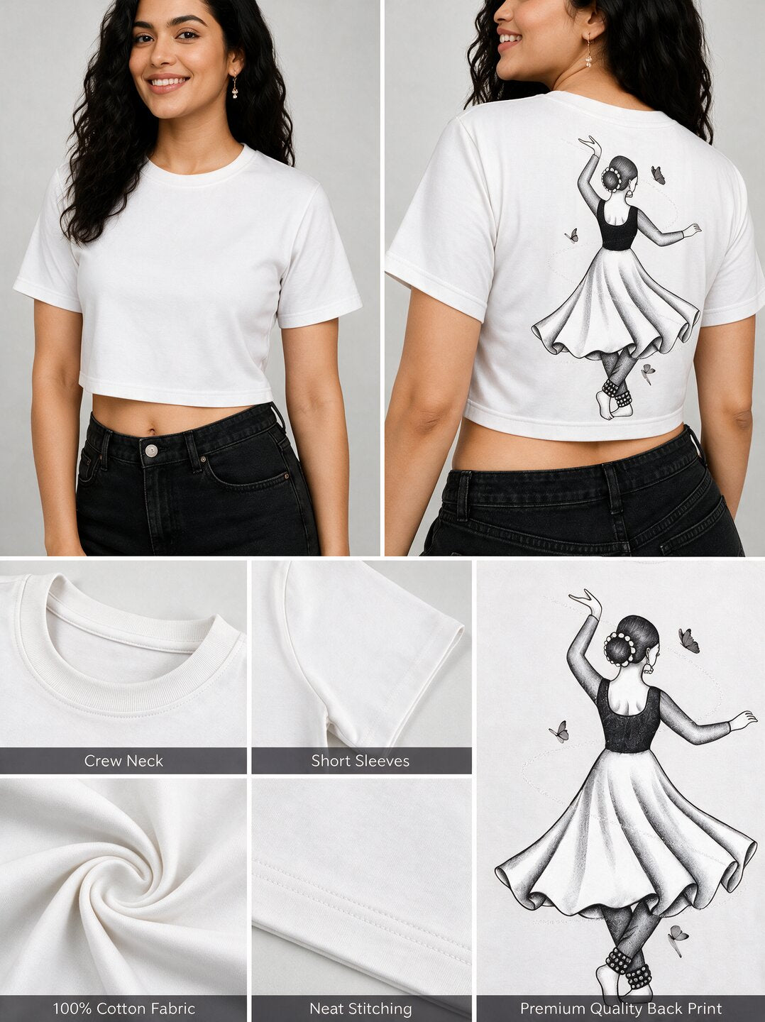 Indian Dancer Printed Round Neck Crop Pre-customized Tshirt for Women