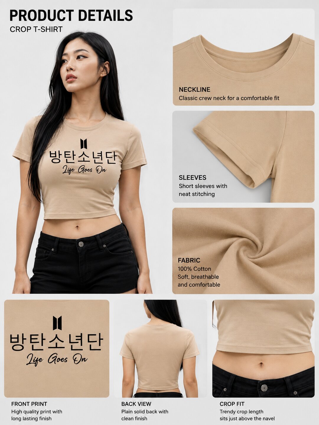 Life Goes On Printed Round Neck Crop Pre-customized Tshirt for Women