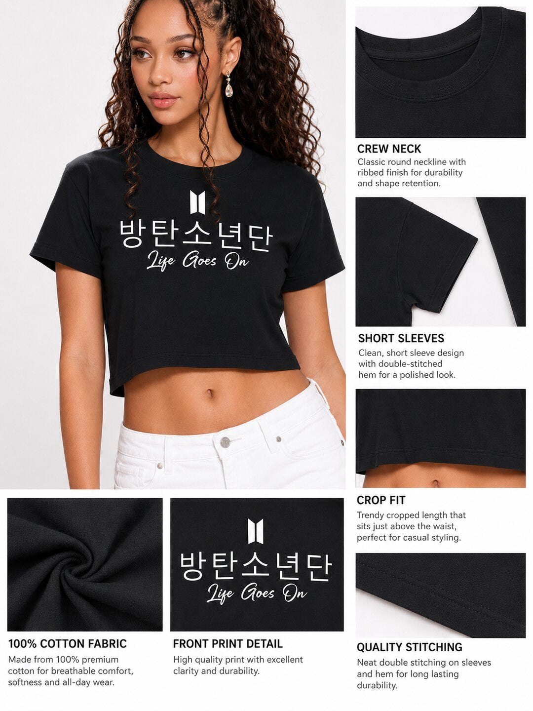 Life Goes On Printed Round Neck Crop Pre-customized Tshirt for Women