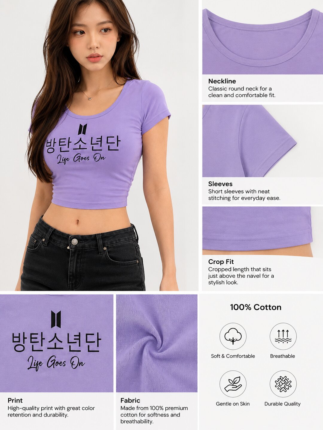 Life Goes On Printed Round Neck Crop Pre-customized Tshirt for Women