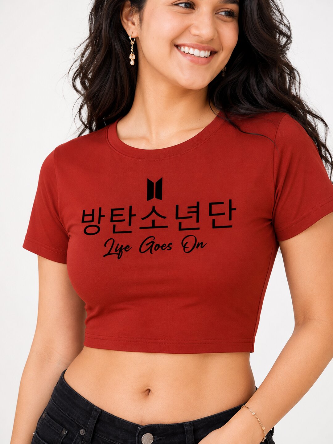 Life Goes On Printed Round Neck Crop Pre-customized Tshirt for Women