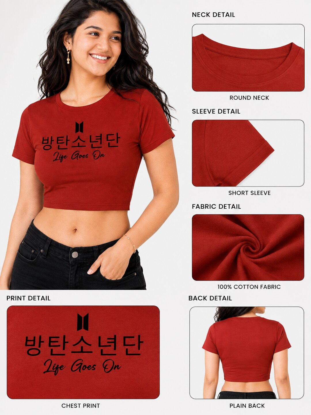 Life Goes On Printed Round Neck Crop Pre-customized Tshirt for Women